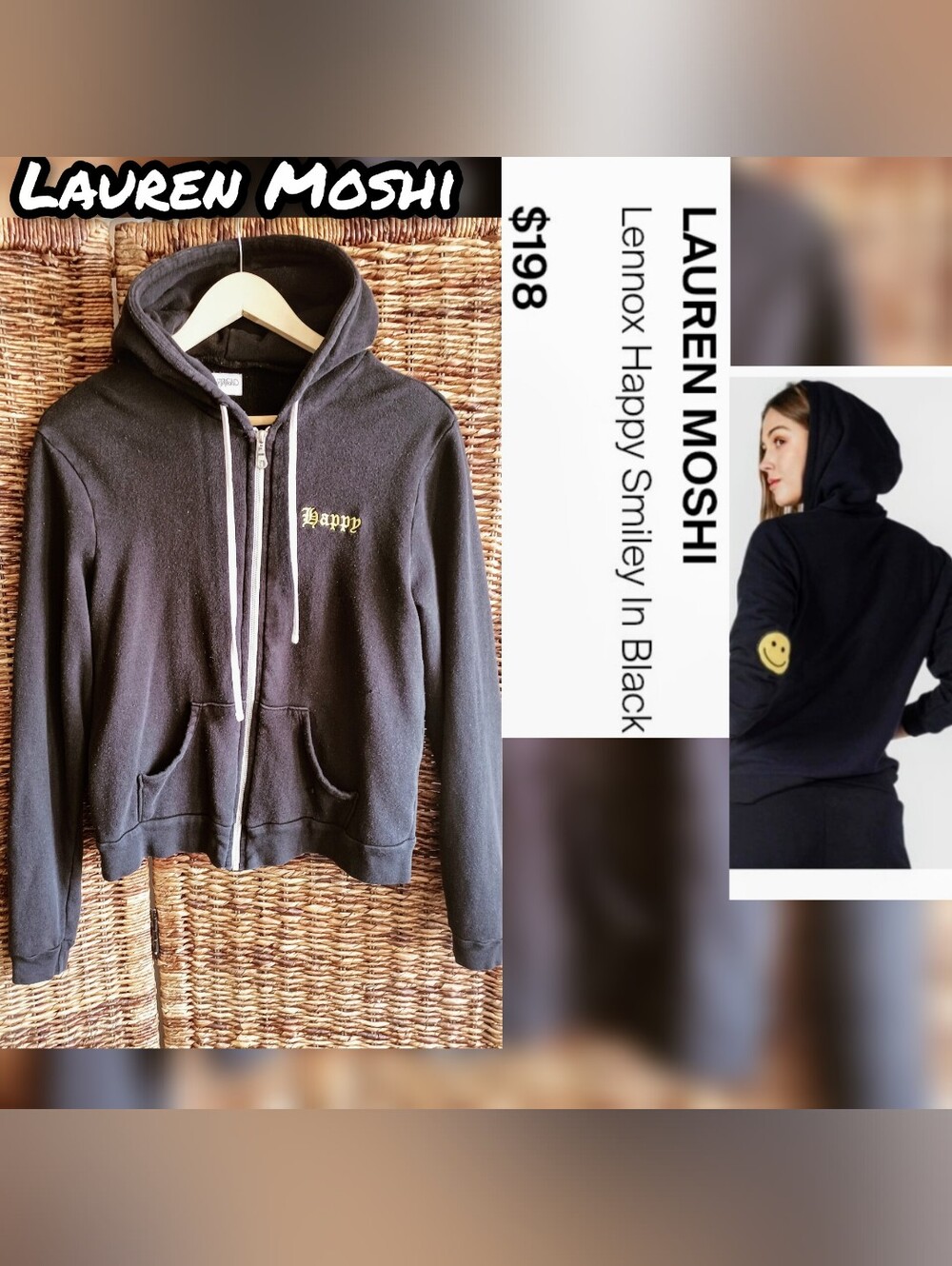 Lauren Moshi Lennox Happy Smile Womens Hoodie Small In Black